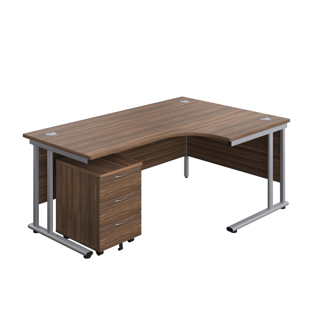 Twin Upright Right Hand Radial Desk + Mobile 3 Drawer Pedestal (FSC) | 1800X1200 | Dark Walnut/Silver | 
