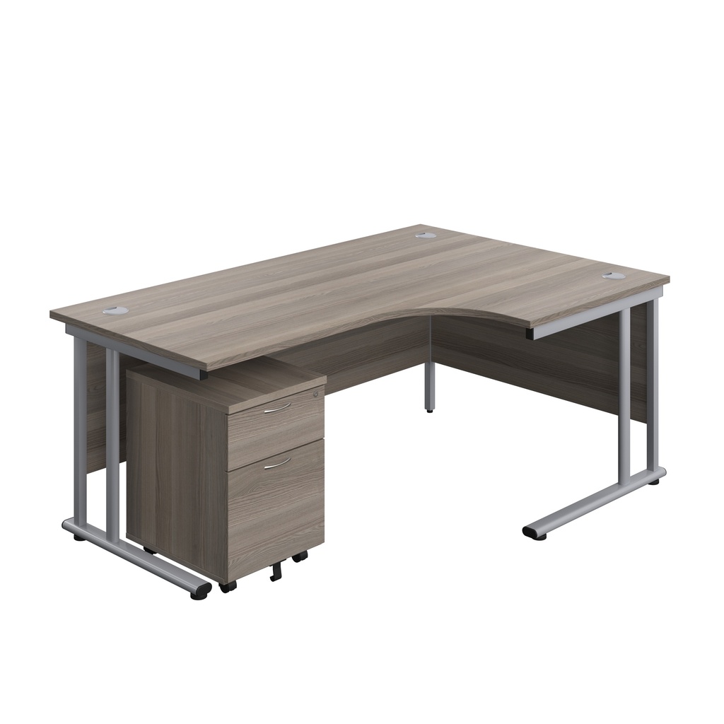 Twin Upright Right Hand Radial Desk + Mobile 2 Drawer Pedestal (FSC) | 1800X1200 | Grey Oak/Silver | 