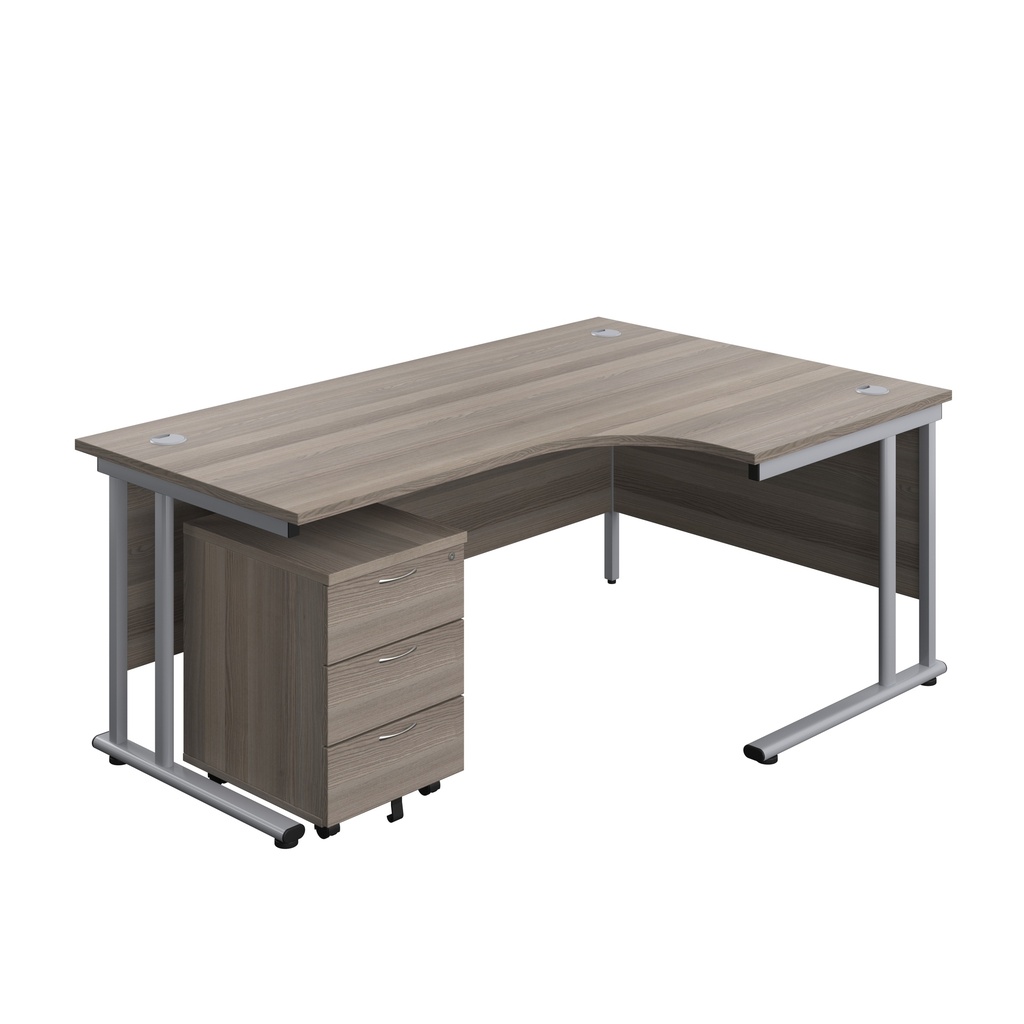 Twin Upright Right Hand Radial Desk + Mobile 3 Drawer Pedestal (FSC) | 1800X1200 | Grey Oak/Silver | 
