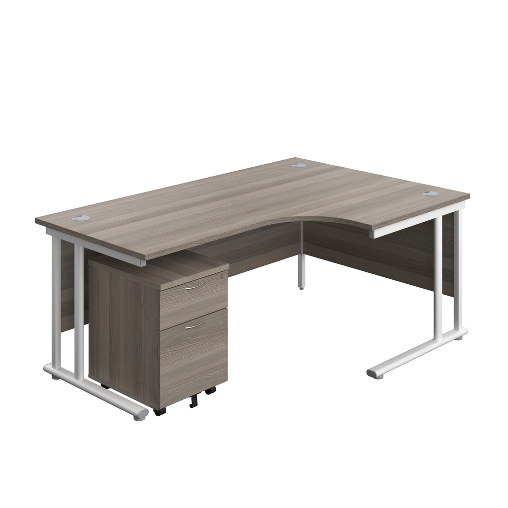 Twin Upright Right Hand Radial Desk + Mobile 2 Drawer Pedestal (FSC) | 1800X1200 | Grey Oak/White | 