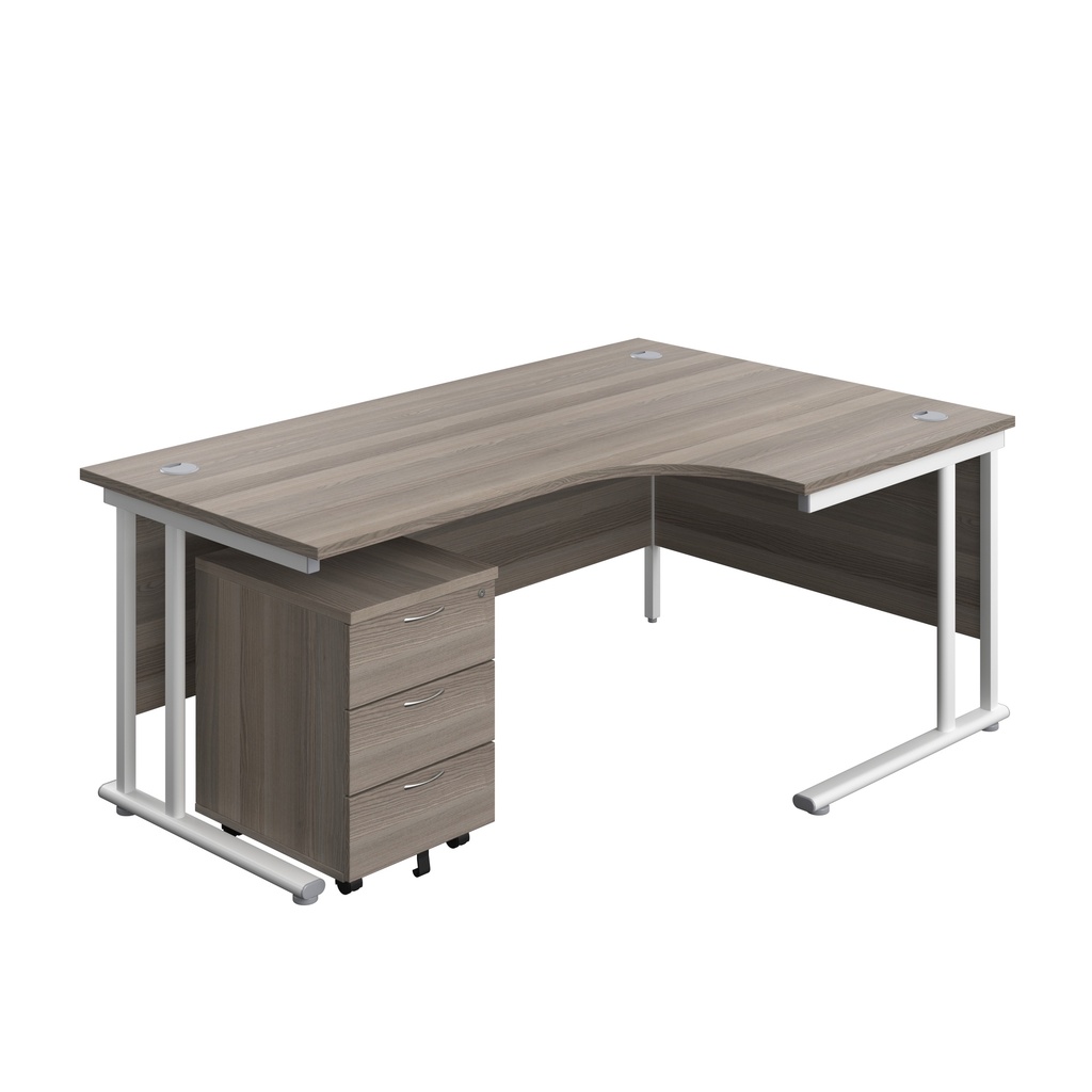 Twin Upright Right Hand Radial Desk + Mobile 3 Drawer Pedestal (FSC) | 1800X1200 | Grey Oak/White | 