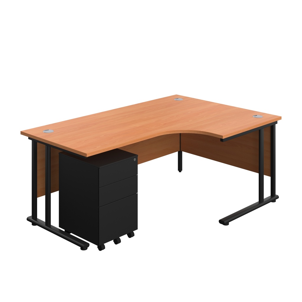 Twin Upright Right Hand Radial Desk + Under Desk Steel Pedestal 3 Drawers (FSC) | 1800X1200 | Beech/Black | 