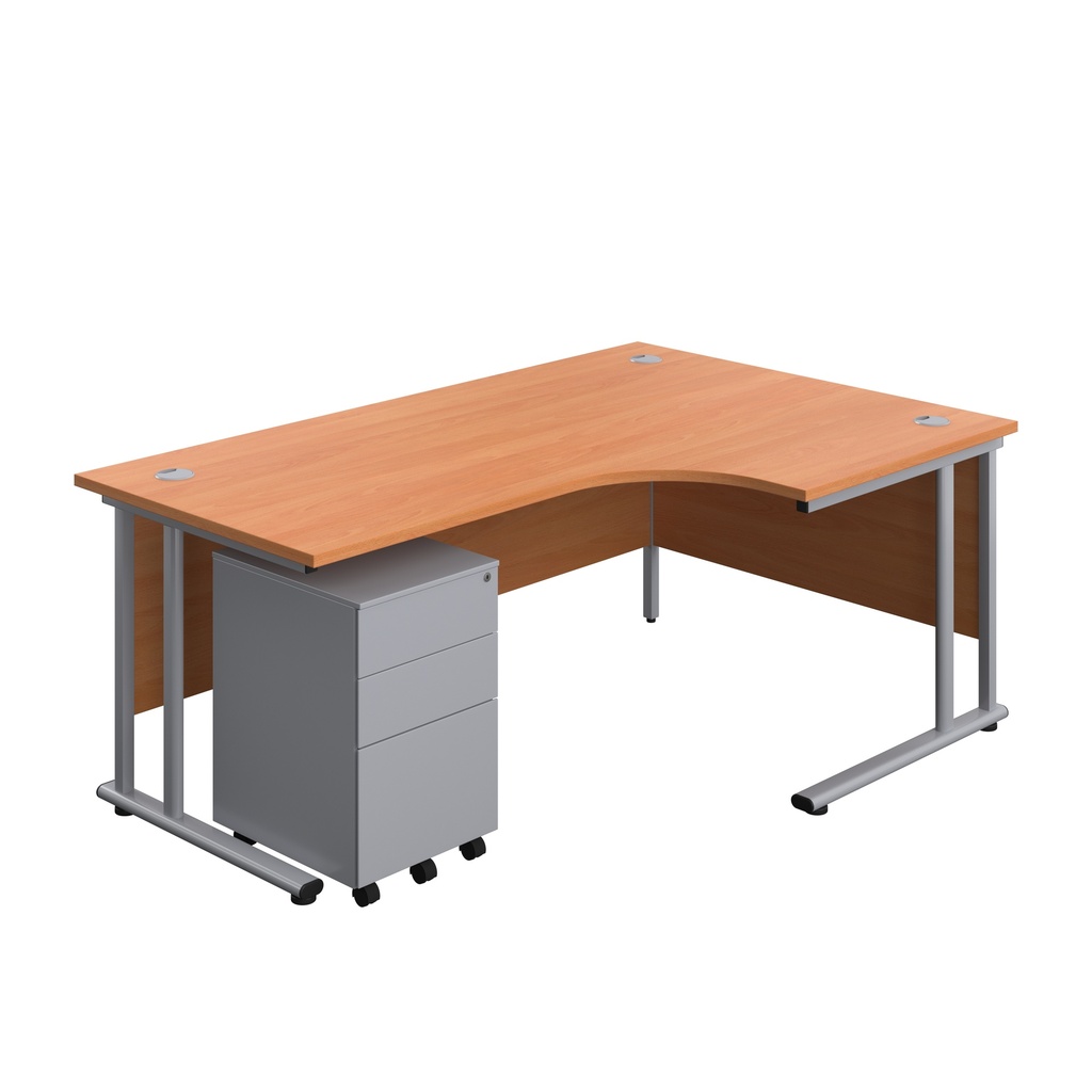 Twin Upright Right Hand Radial Desk + Under Desk Steel Pedestal 3 Drawers (FSC) | 1800X1200 | Beech/Silver | 