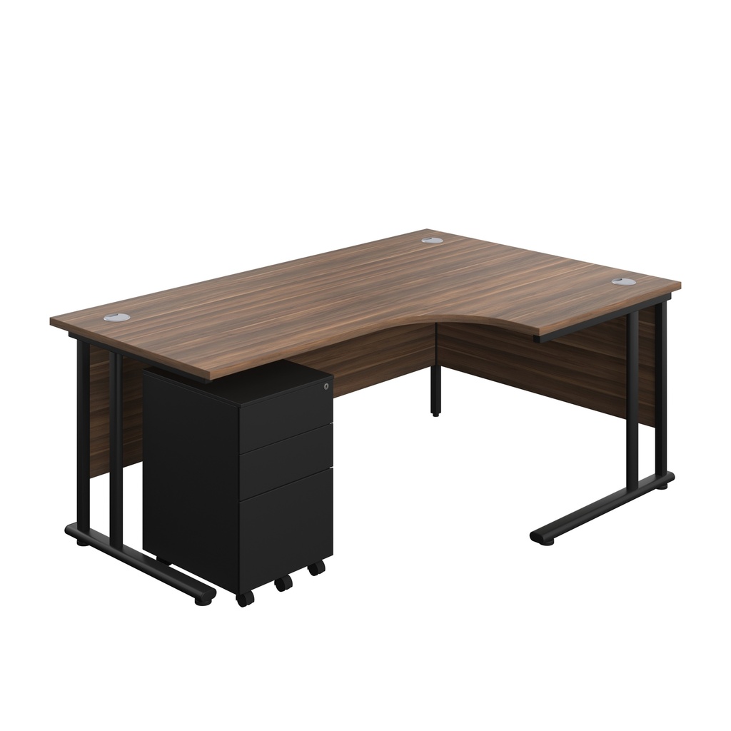 Twin Upright Right Hand Radial Desk + Under Desk Steel Pedestal 3 Drawers (FSC) | 1800X1200 | Dark Walnut/Black | 