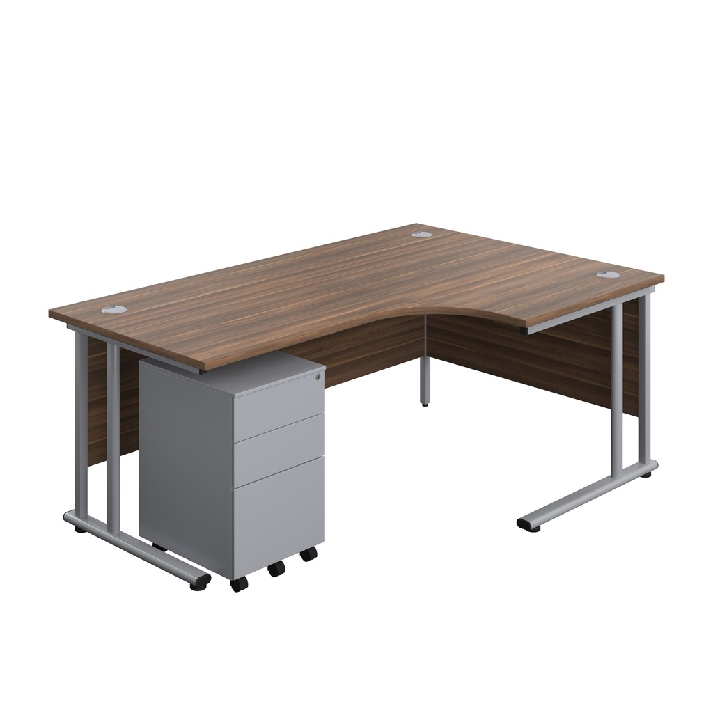 Twin Upright Right Hand Radial Desk + Under Desk Steel Pedestal 3 Drawers (FSC) | 1800X1200 | Dark Walnut/Silver | 