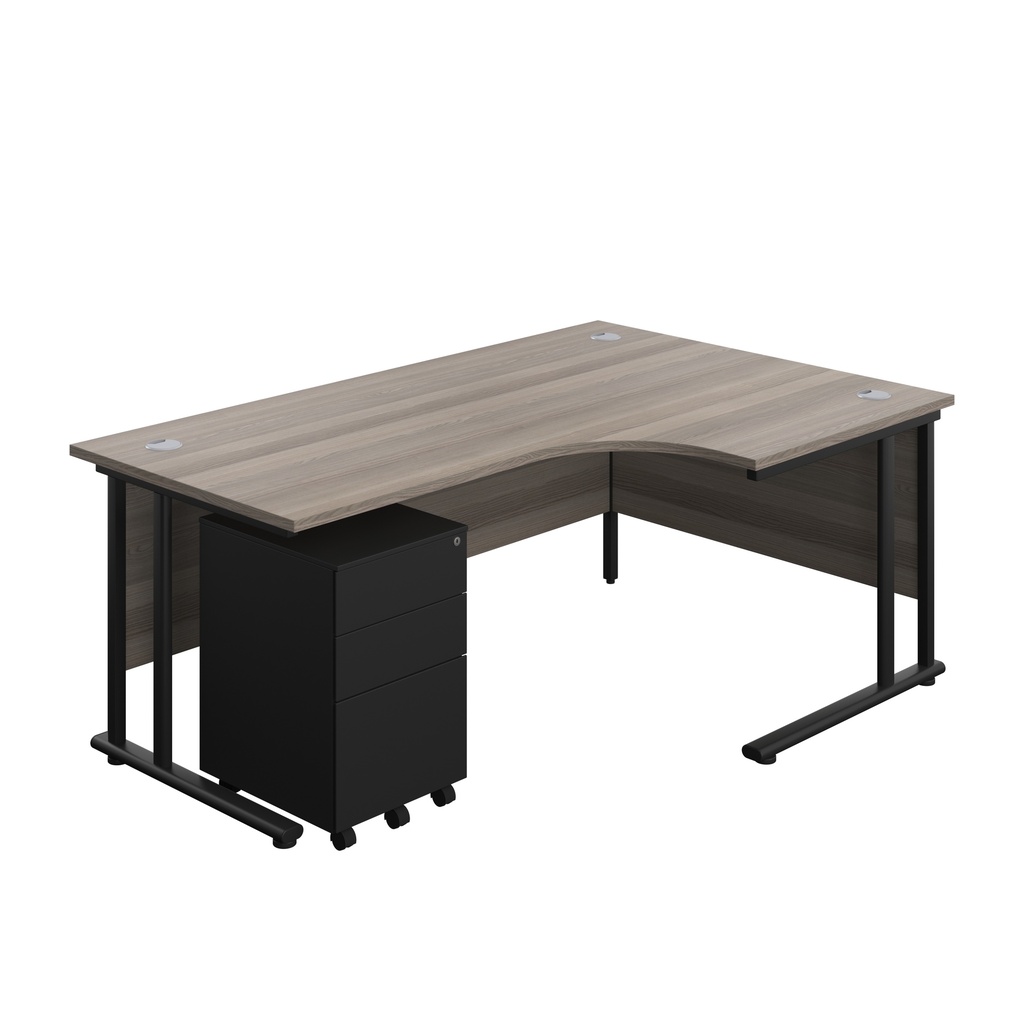 Twin Upright Right Hand Radial Desk + Under Desk Steel Pedestal 3 Drawers (FSC) | 1800X1200 | Grey Oak/Black | 
