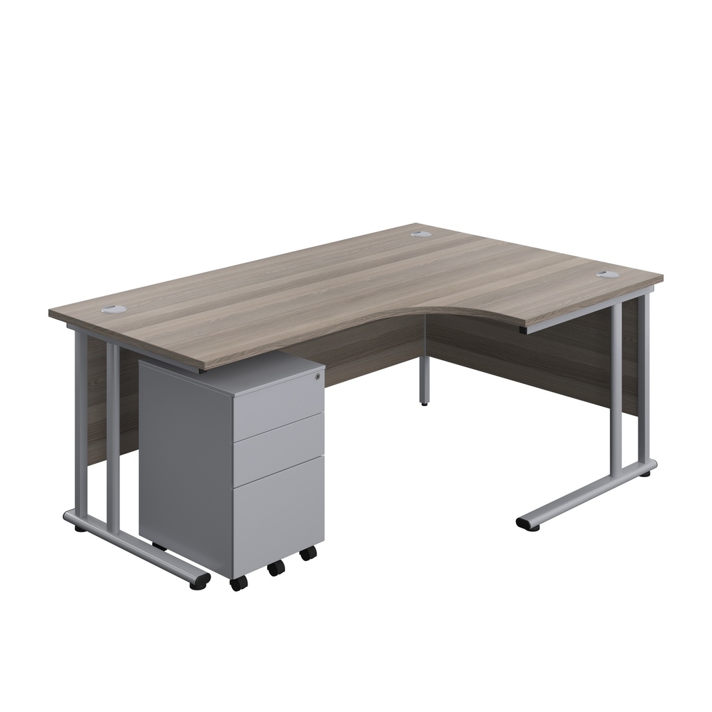 Twin Upright Right Hand Radial Desk + Under Desk Steel Pedestal 3 Drawers (FSC) | 1800X1200 | Grey Oak/Silver | 