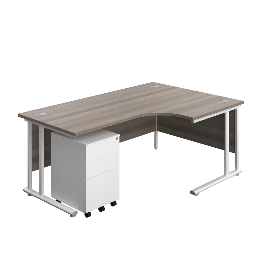 Twin Upright Right Hand Radial Desk + Under Desk Steel Pedestal 3 Drawers (FSC) | 1800X1200 | Grey Oak/White | 