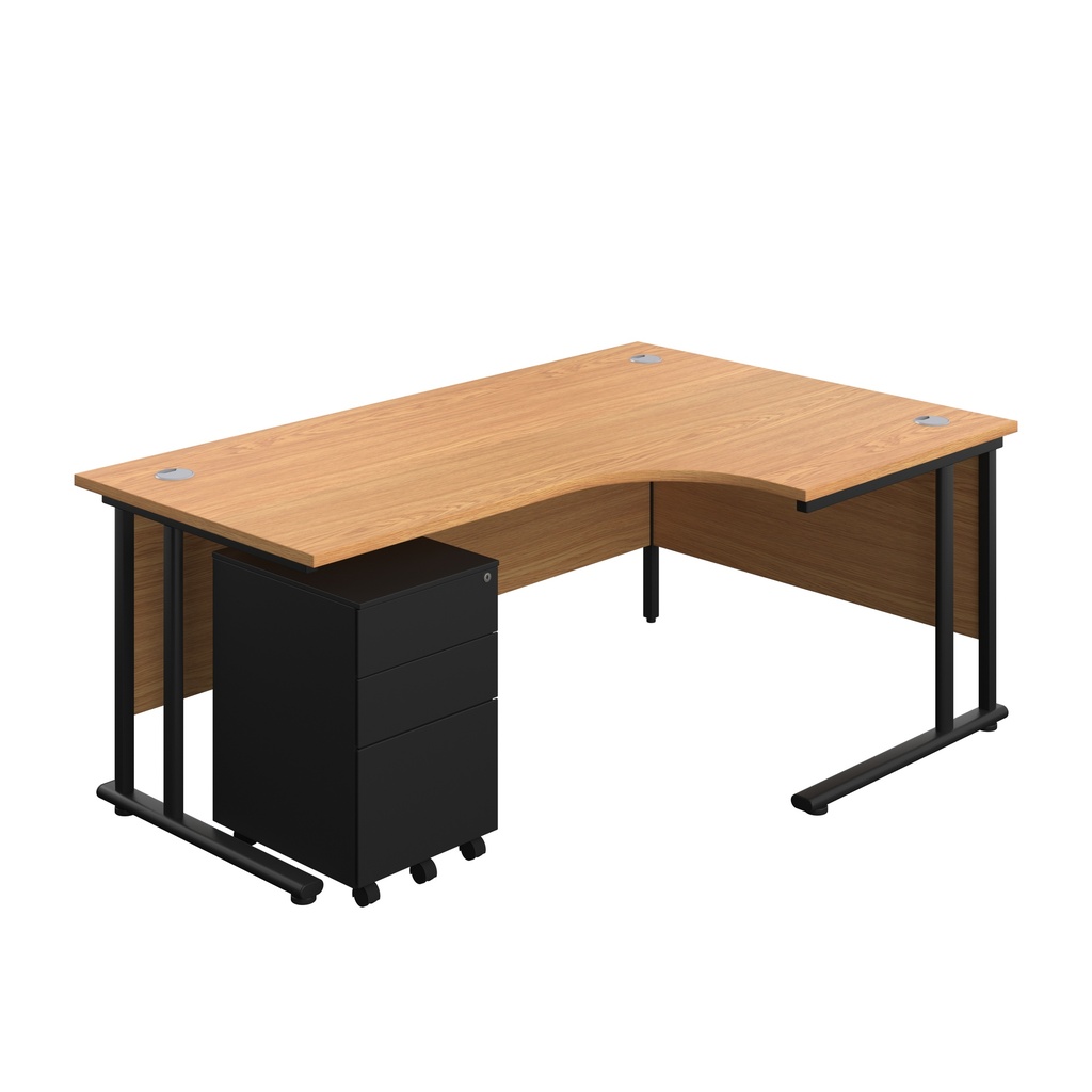 Twin Upright Right Hand Radial Desk + Under Desk Steel Pedestal 3 Drawers (FSC) | 1800X1200 | Nova Oak/Black | 
