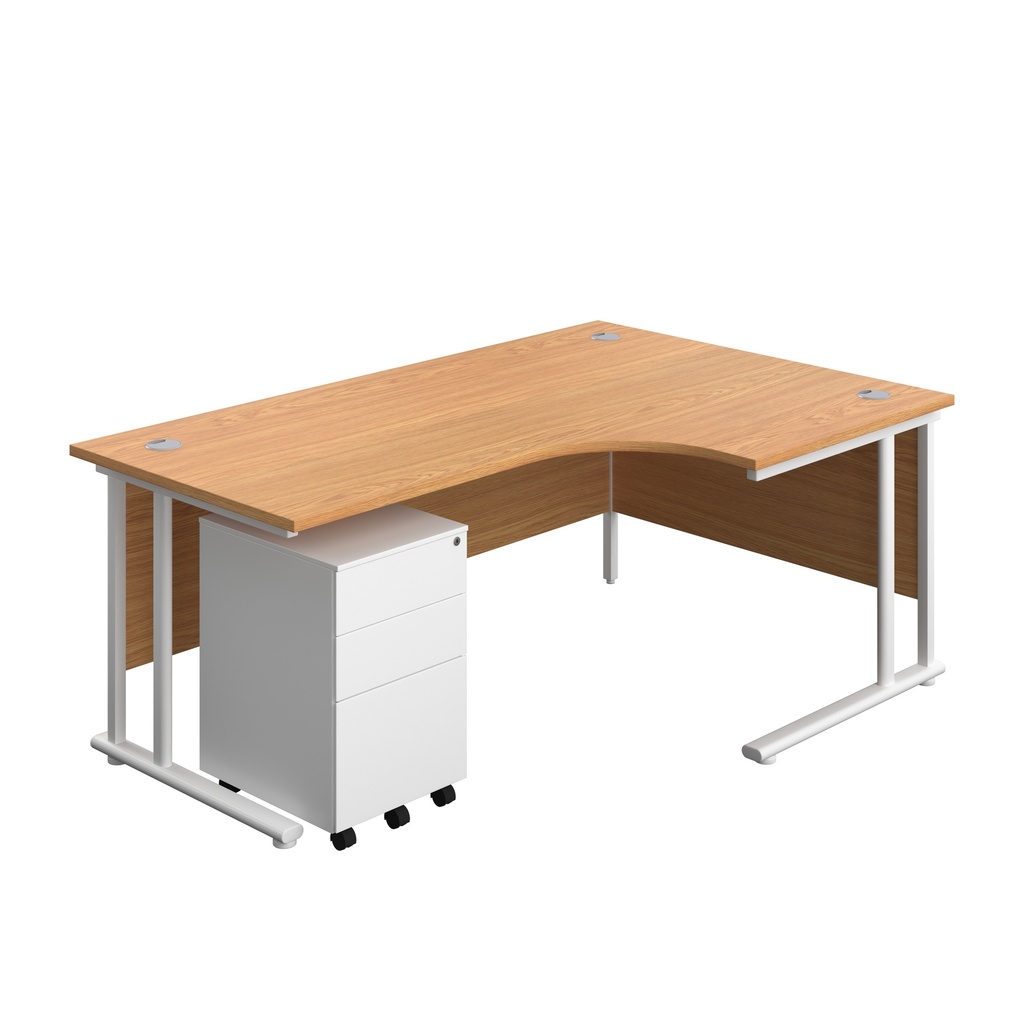 Twin Upright Right Hand Radial Desk + Under Desk Steel Pedestal 3 Drawers (FSC) | 1800X1200 | Nova Oak/White | 