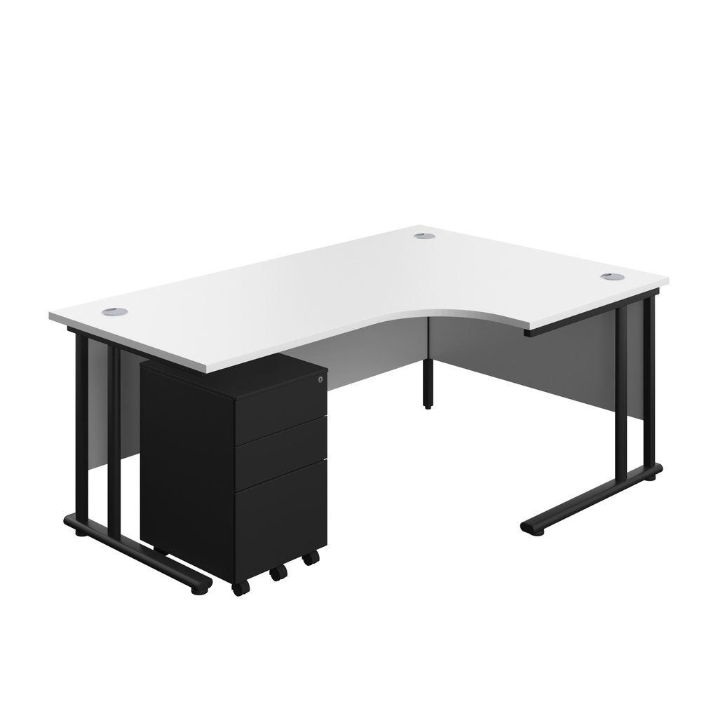 Twin Upright Right Hand Radial Desk + Under Desk Steel Pedestal 3 Drawers (FSC) | 1800X1200 | White/Black | 