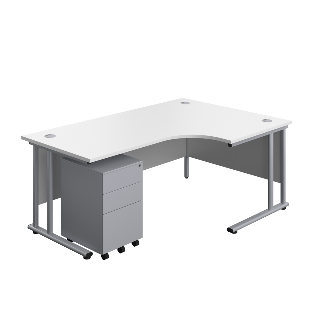 Twin Upright Right Hand Radial Desk + Under Desk Steel Pedestal 3 Drawers (FSC) | 1800X1200 | White/Silver | 