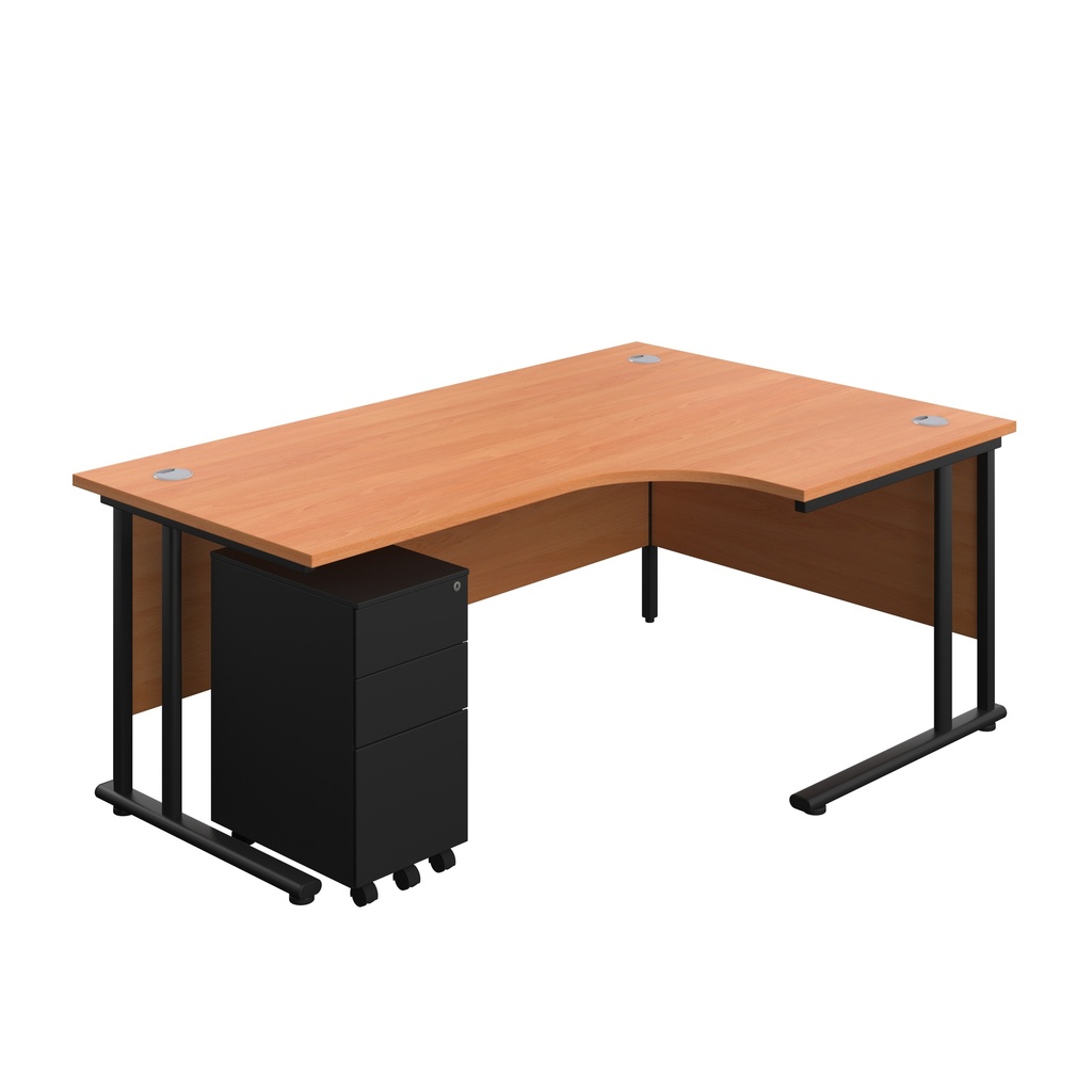 Twin Upright Right Hand Radial Desk + Slimline Steel Pedestal 3 Drawers (FSC) | 1800X1200 | Beech/Black | 