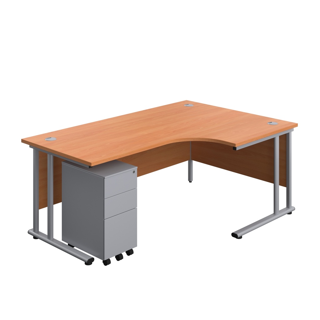 Twin Upright Right Hand Radial Desk + Slimline Steel Pedestal 3 Drawers (FSC) | 1800X1200 | Beech/Silver | 