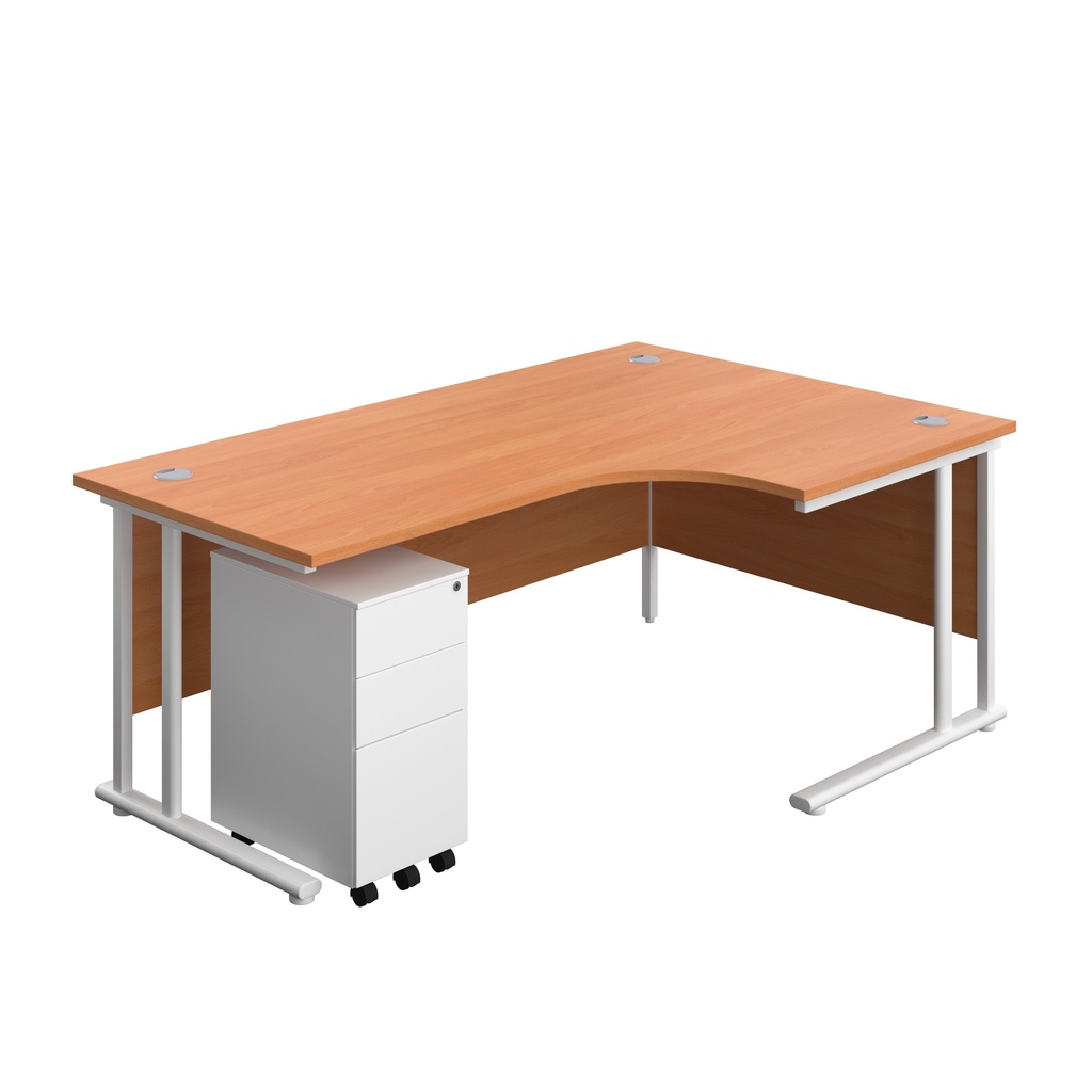 Twin Upright Right Hand Radial Desk + Slimline Steel Pedestal 3 Drawers (FSC) | 1800X1200 | Beech/White | 
