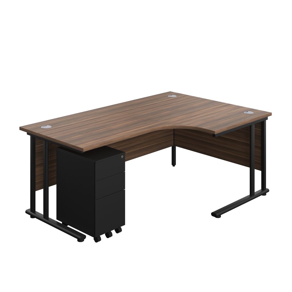 Twin Upright Right Hand Radial Desk + Slimline Steel Pedestal 3 Drawers (FSC) | 1800X1200 | Dark Walnut/Black | 