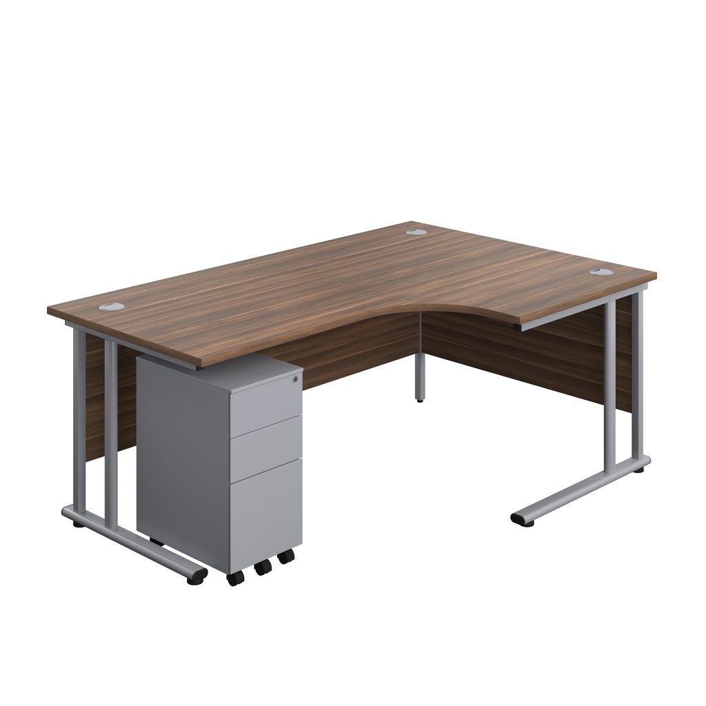 Twin Upright Right Hand Radial Desk + Slimline Steel Pedestal 3 Drawers (FSC) | 1800X1200 | Dark Walnut/Silver | 