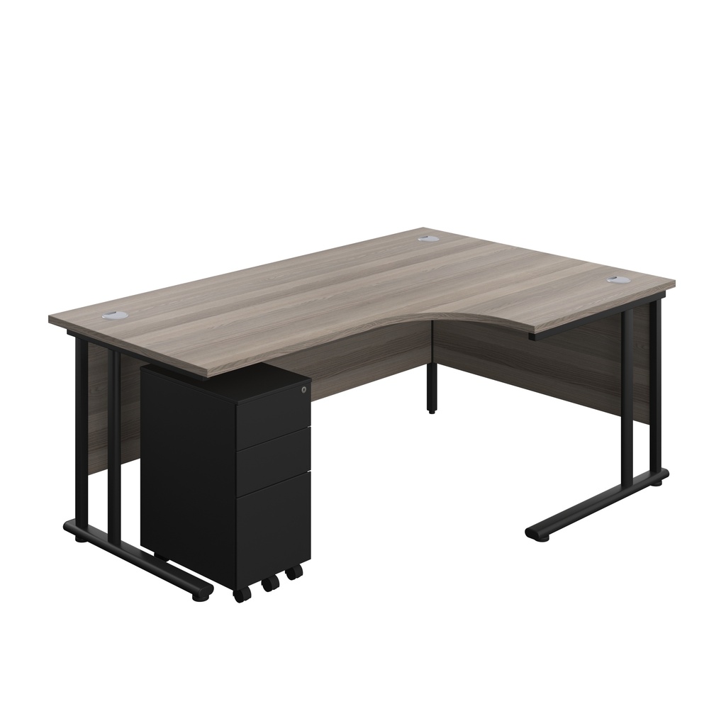 Twin Upright Right Hand Radial Desk + Slimline Steel Pedestal 3 Drawers (FSC) | 1800X1200 | Grey Oak/Black | 