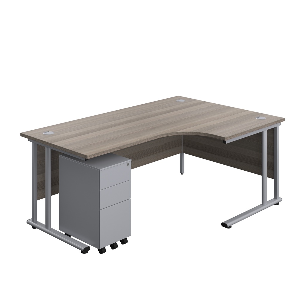 Twin Upright Right Hand Radial Desk + Slimline Steel Pedestal 3 Drawers (FSC) | 1800X1200 | Grey Oak/Silver | 
