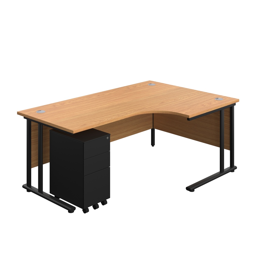 Twin Upright Right Hand Radial Desk + Slimline Steel Pedestal 3 Drawers (FSC) | 1800X1200 | Nova Oak/Black | 