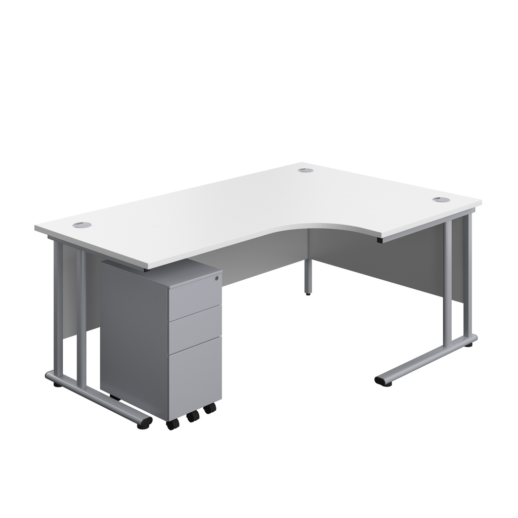 Twin Upright Right Hand Radial Desk + Slimline Steel Pedestal 3 Drawers (FSC) | 1800X1200 | White/Silver | 