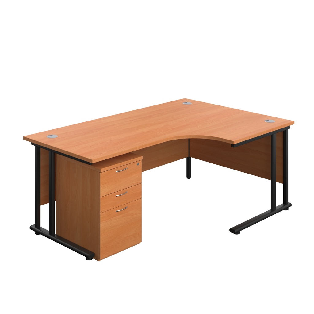 Twin Upright Right Hand Radial Desk + High Mobile Pedestal 3 Drawer (FSC) | 1800X1200 | Beech/Black | 