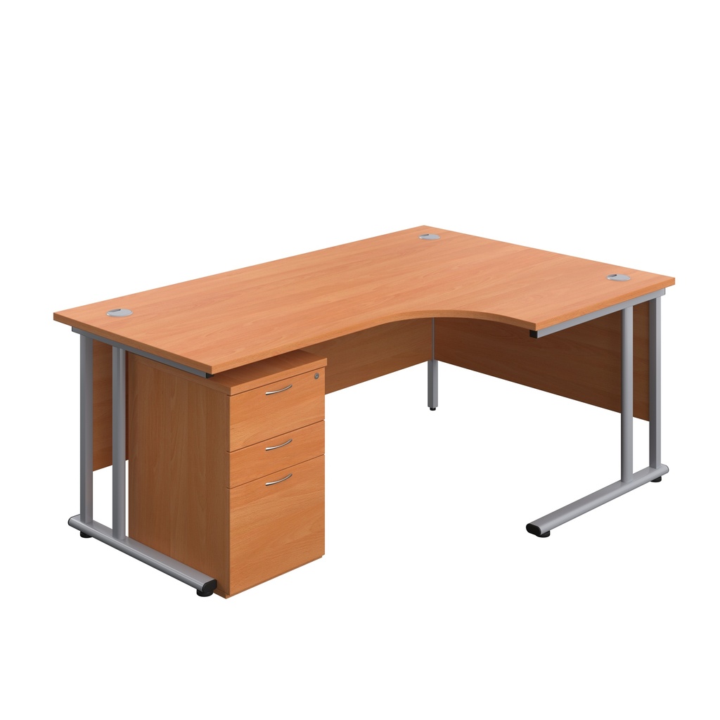 Twin Upright Right Hand Radial Desk + High Mobile Pedestal 3 Drawer (FSC) | 1800X1200 | Beech/Silver | 