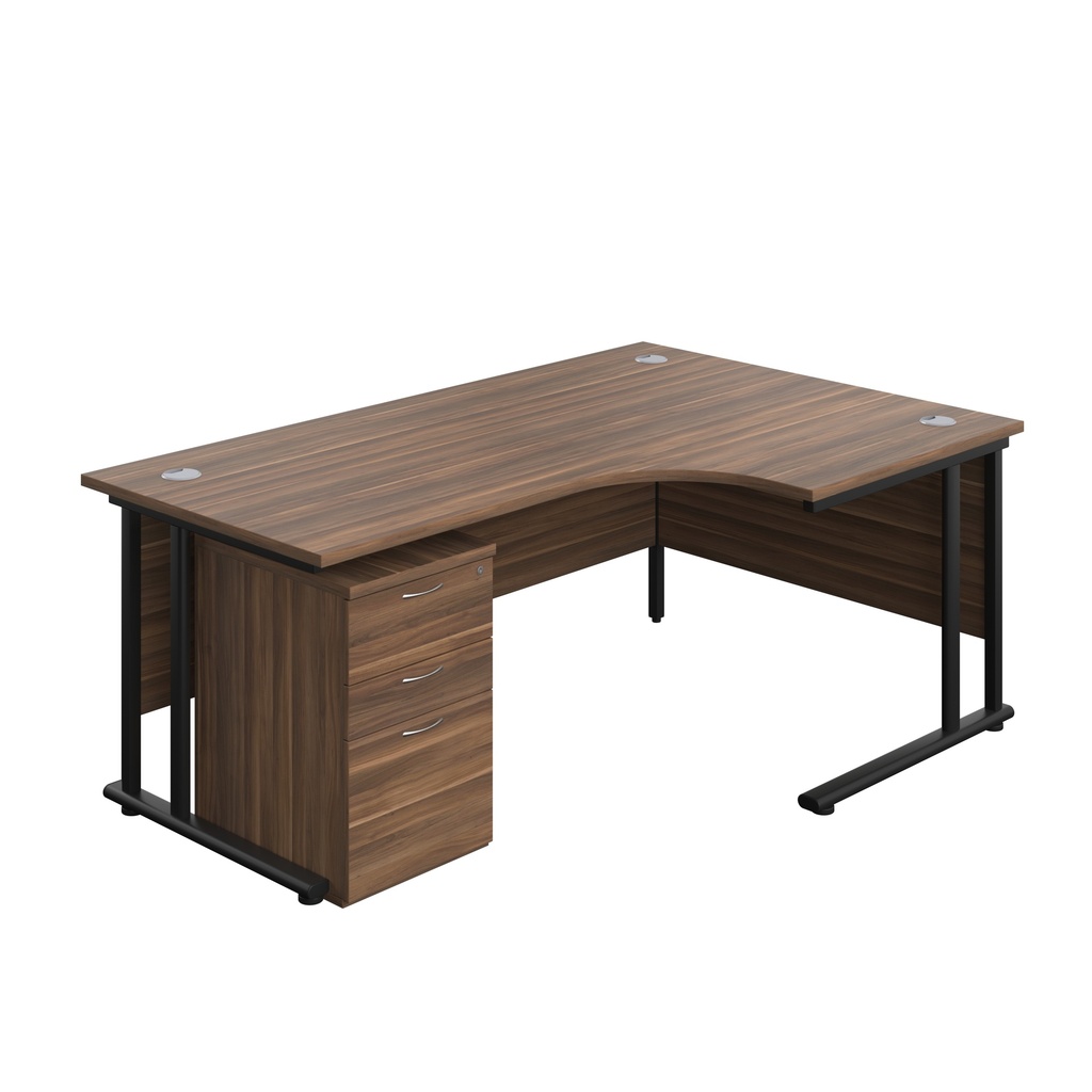 Twin Upright Right Hand Radial Desk + High Mobile Pedestal 3 Drawer (FSC) | 1800X1200 | Dark Walnut/Black | 