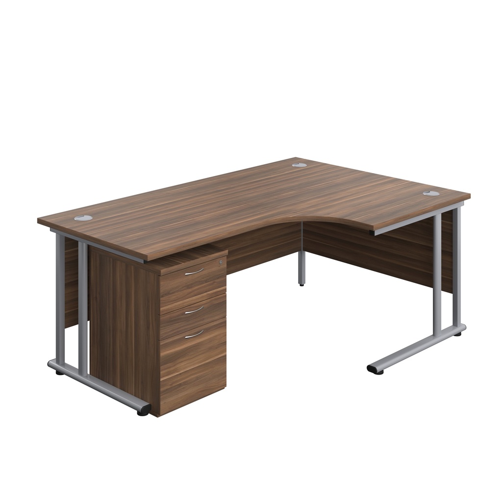 Twin Upright Right Hand Radial Desk + High Mobile Pedestal 3 Drawer (FSC) | 1800X1200 | Dark Walnut/Silver | 