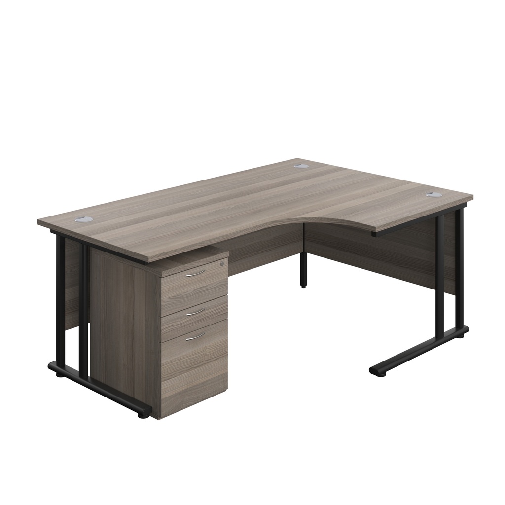 Twin Upright Right Hand Radial Desk + High Mobile Pedestal 3 Drawer (FSC) | 1800X1200 | Grey Oak/Black | 