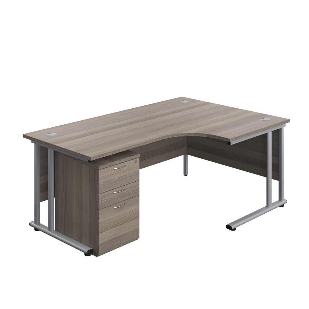 Twin Upright Right Hand Radial Desk + High Mobile Pedestal 3 Drawer (FSC) | 1800X1200 | Grey Oak/Silver | 