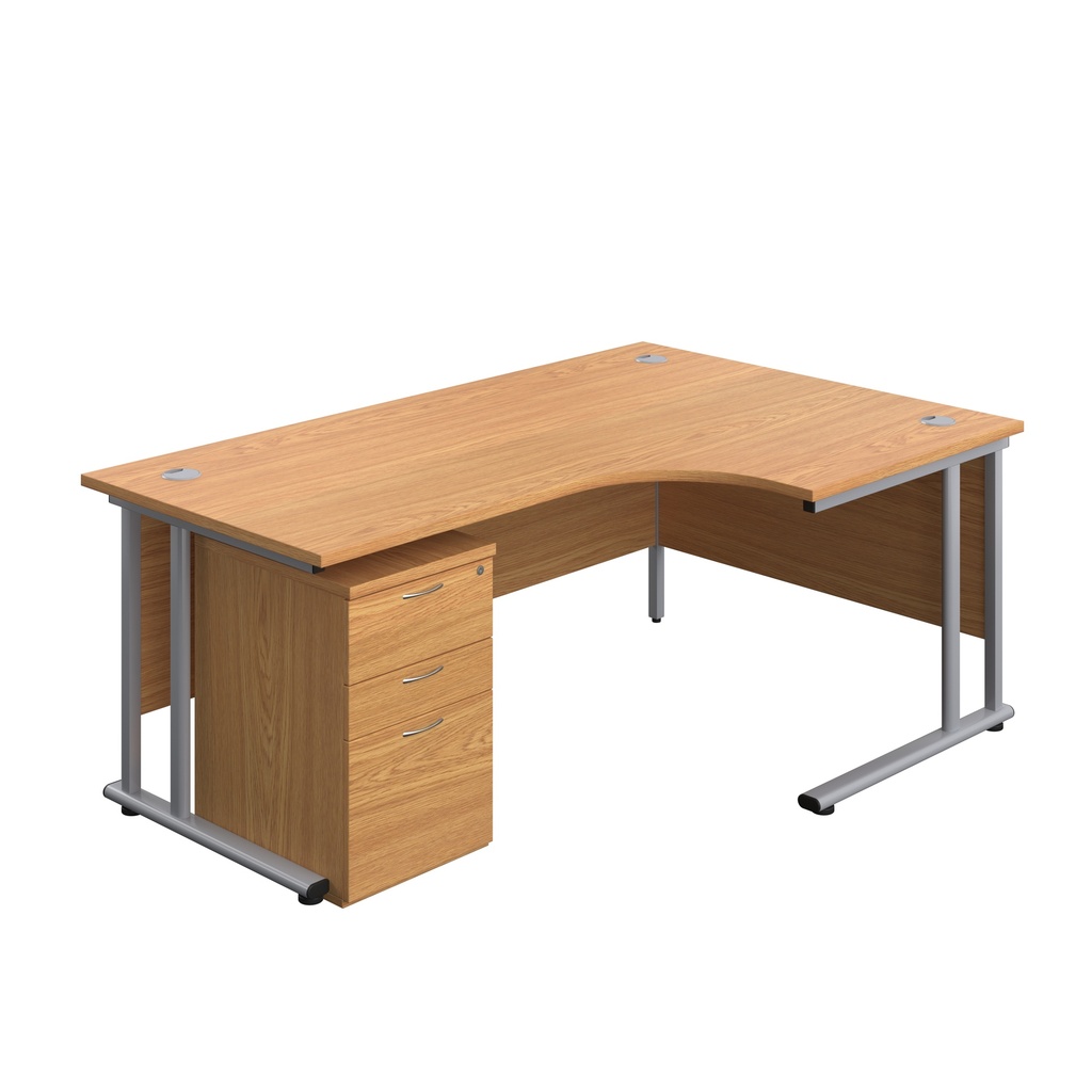 Twin Upright Right Hand Radial Desk + High Mobile Pedestal 3 Drawer (FSC) | 1800X1200 | Nova Oak/Silver | 