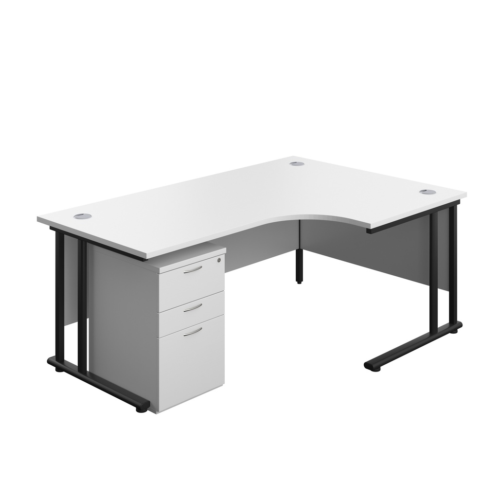 Twin Upright Right Hand Radial Desk + High Mobile Pedestal 3 Drawer (FSC) | 1800X1200 | White/Black | 