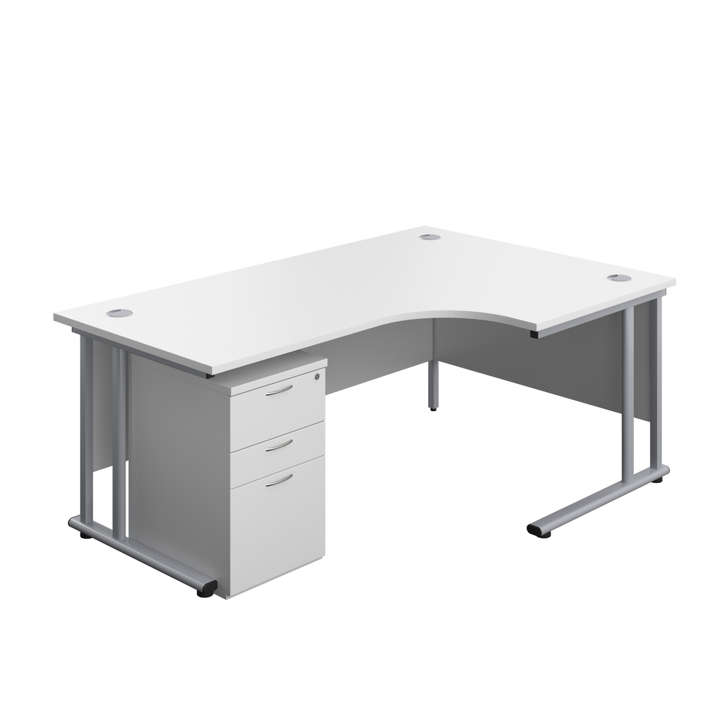 Twin Upright Right Hand Radial Desk + High Mobile Pedestal 3 Drawer (FSC) | 1800X1200 | White/Silver | 