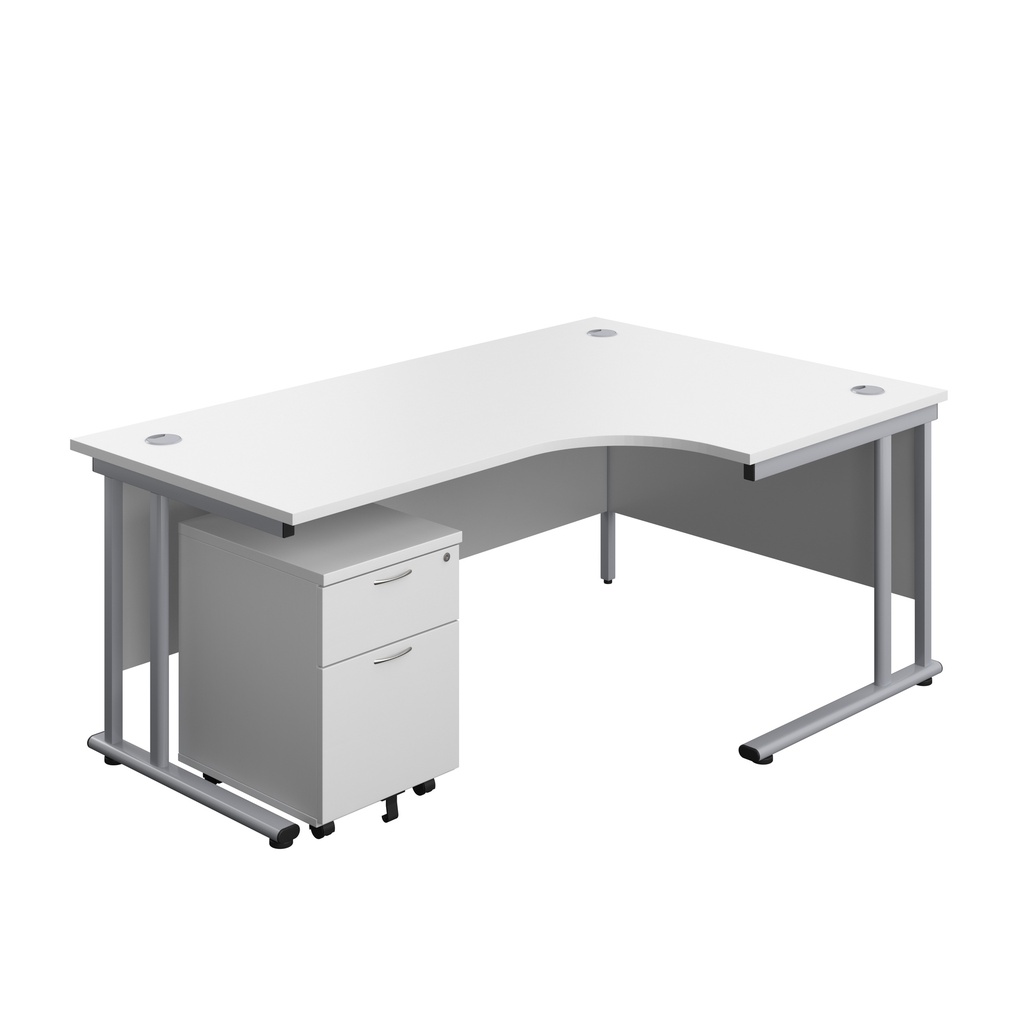 Twin Upright Right Hand Radial Desk + Mobile 2 Drawer Pedestal (FSC) | 1800X1200 | White/Silver | 
