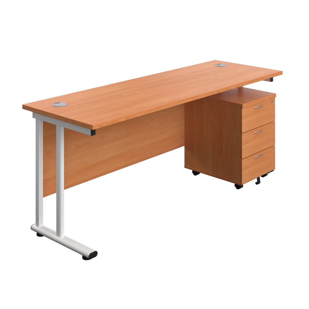 Twin Upright Rectangular Desk + Mobile 3 Drawer Pedestal (FSC) | 1800X600 | Beech/White | 