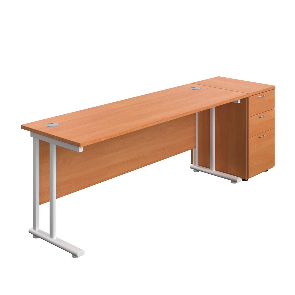 Twin Upright Rectangular Desk + Desk High 3 Drawer Pedestal (FSC) | 1800X600 | Beech/White | 