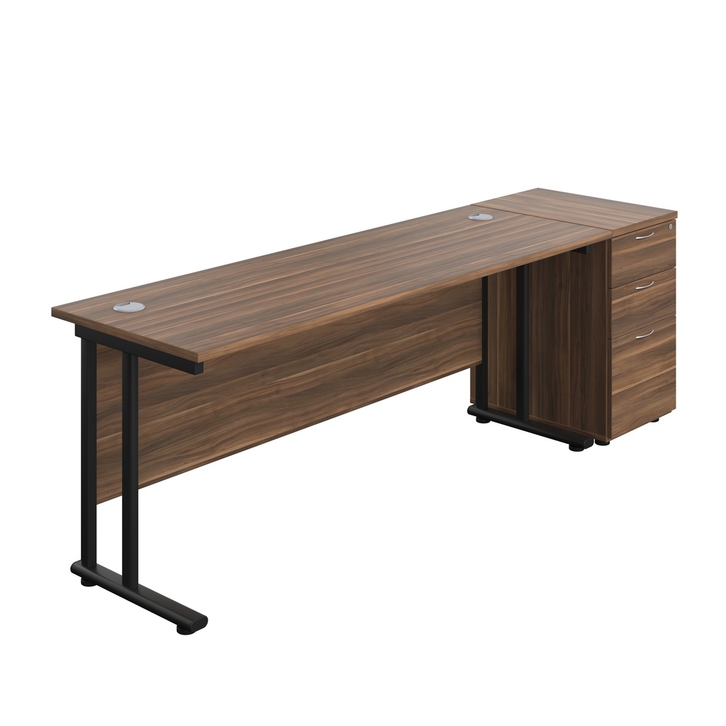 Twin Upright Rectangular Desk + Desk High 3 Drawer Pedestal (FSC) | 1800X600 | Dark Walnut/Black | 