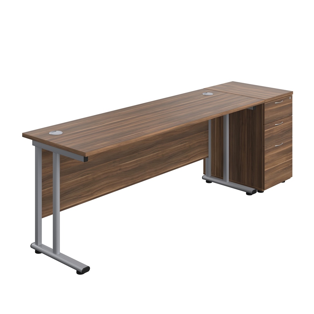 Twin Upright Rectangular Desk + Desk High 3 Drawer Pedestal (FSC) | 1800X600 | Dark Walnut/Silver | 