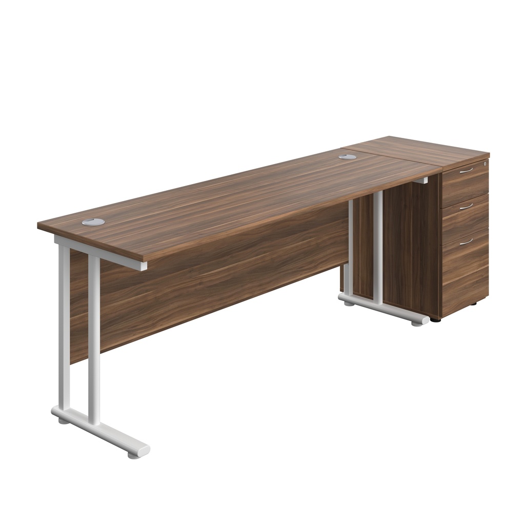 Twin Upright Rectangular Desk + Desk High 3 Drawer Pedestal (FSC) | 1800X600 | Dark Walnut/White | 