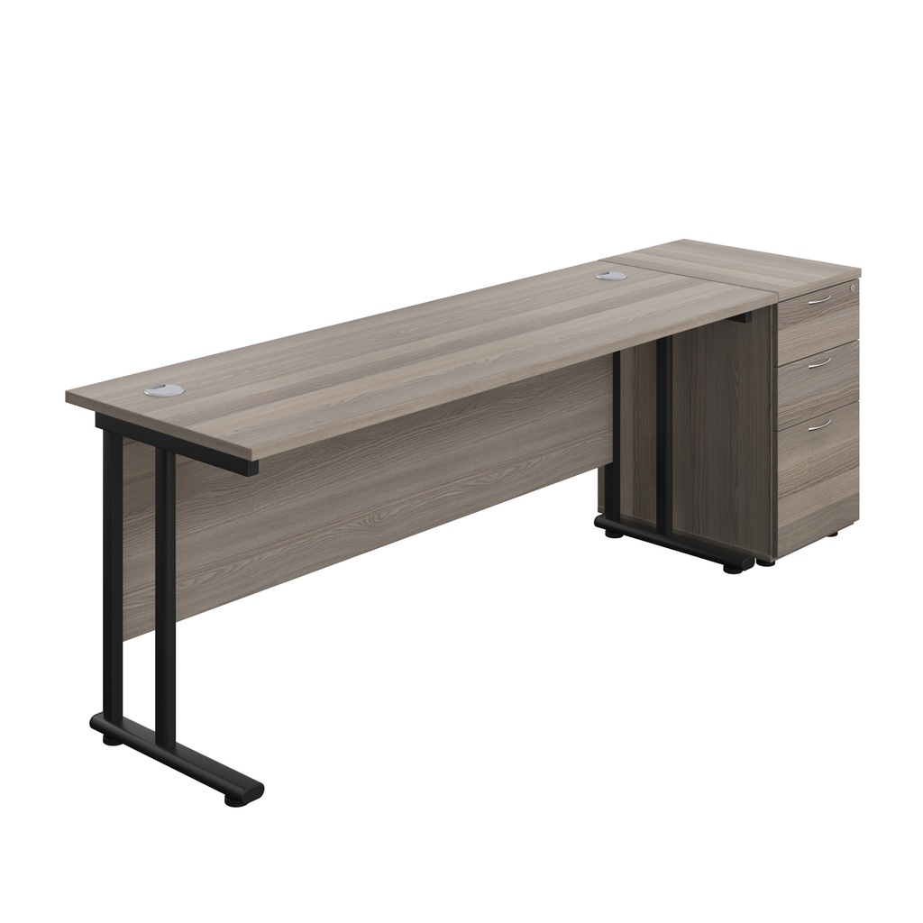 Twin Upright Rectangular Desk + Desk High 3 Drawer Pedestal (FSC) | 1800X600 | Grey Oak/Black | 