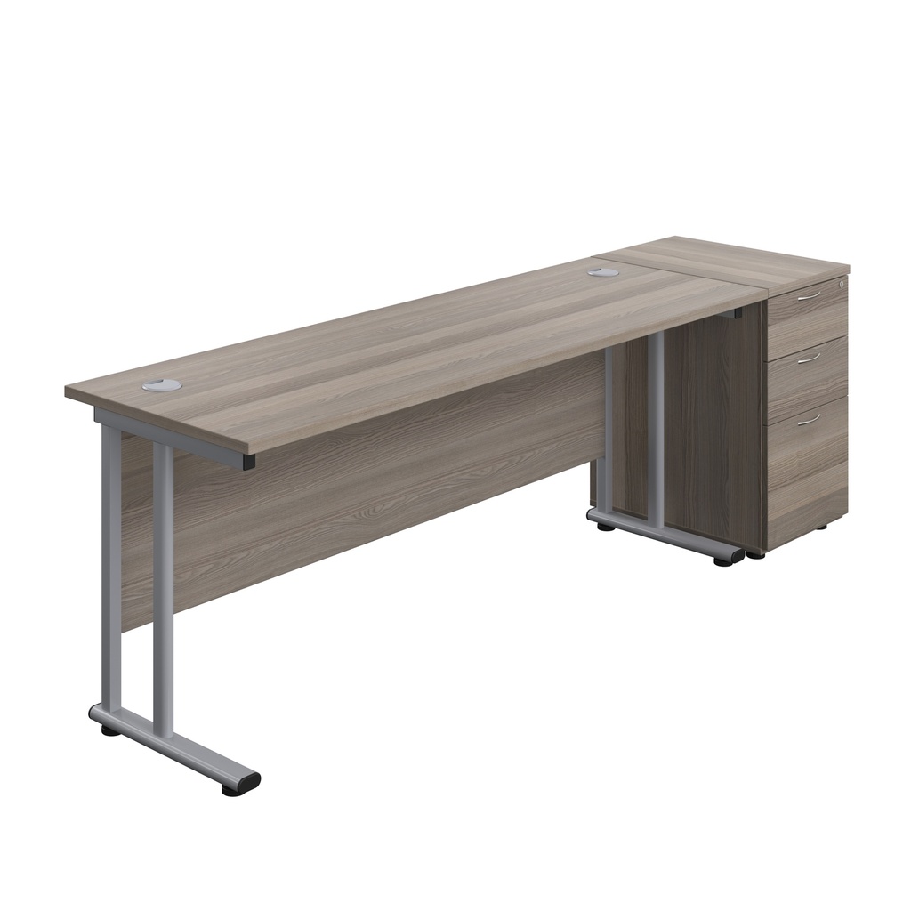 Twin Upright Rectangular Desk + Desk High 3 Drawer Pedestal (FSC) | 1800X600 | Grey Oak/Silver | 