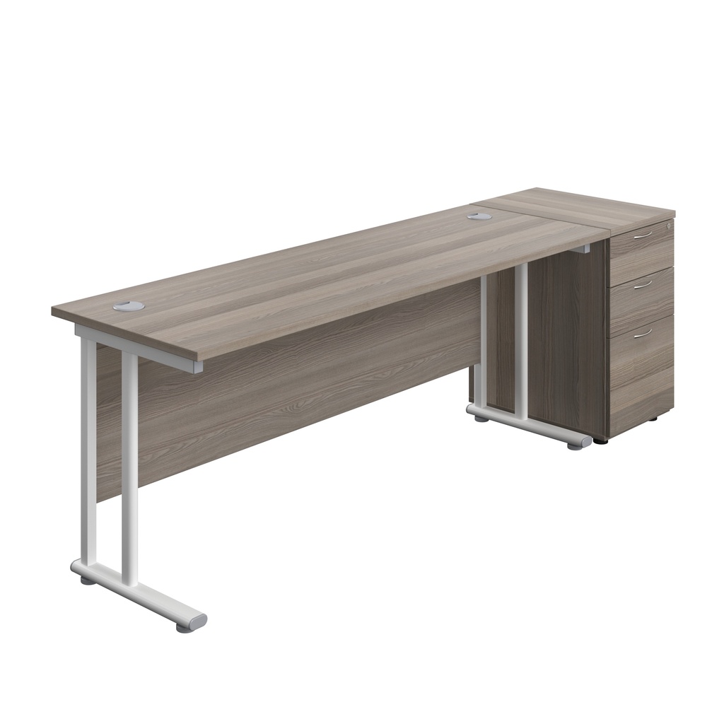 Twin Upright Rectangular Desk + Desk High 3 Drawer Pedestal (FSC) | 1800X600 | Grey Oak/White | 
