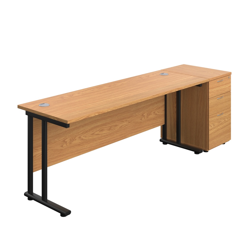 Twin Upright Rectangular Desk + Desk High 3 Drawer Pedestal (FSC) | 1800X600 | Nova Oak/Black | 