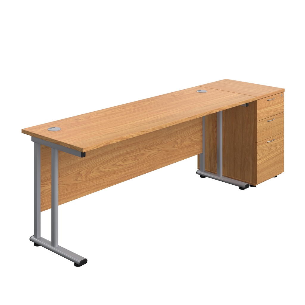 Twin Upright Rectangular Desk + Desk High 3 Drawer Pedestal (FSC) | 1800X600 | Nova Oak/Silver | 