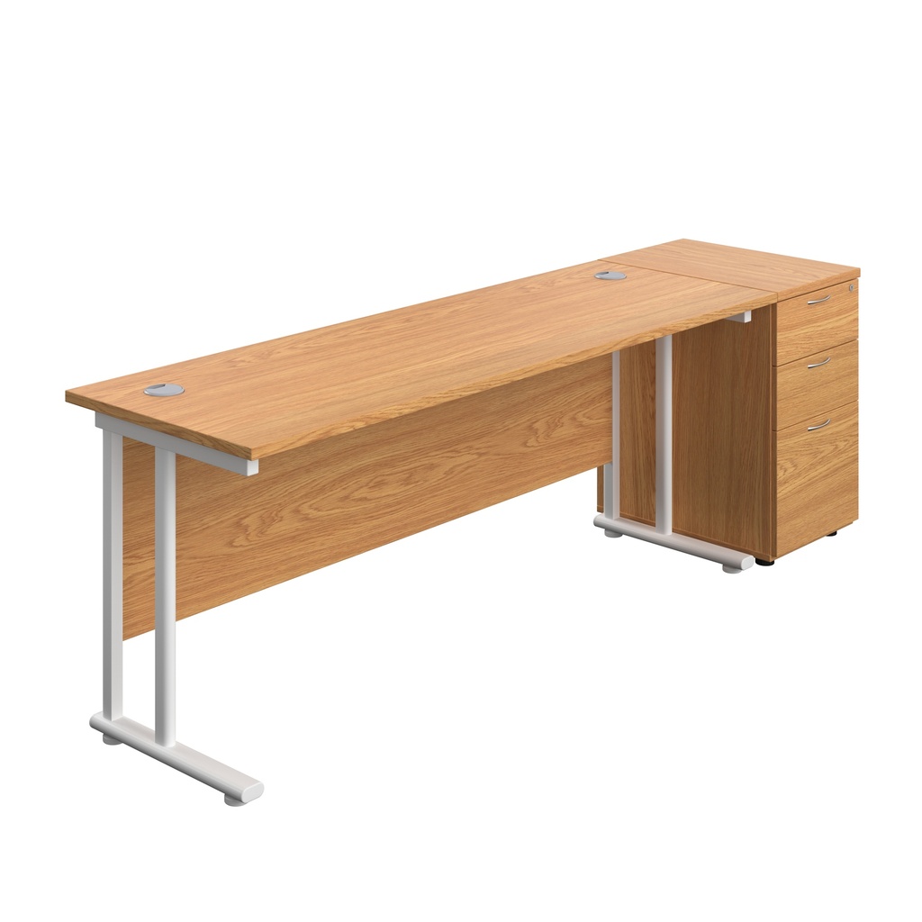 Twin Upright Rectangular Desk + Desk High 3 Drawer Pedestal (FSC) | 1800X600 | Nova Oak/White | 