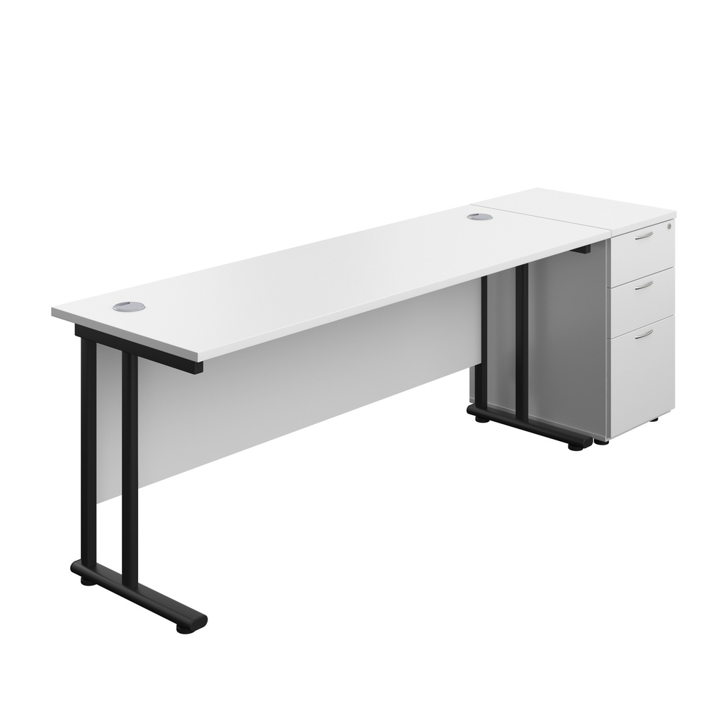 Twin Upright Rectangular Desk + Desk High 3 Drawer Pedestal (FSC) | 1800X600 | White/Black | 