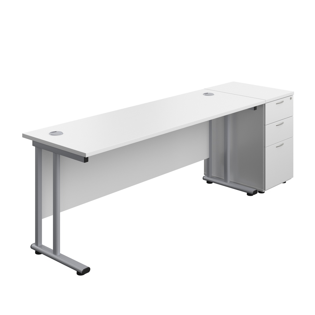 Twin Upright Rectangular Desk + Desk High 3 Drawer Pedestal (FSC) | 1800X600 | White/Silver | 
