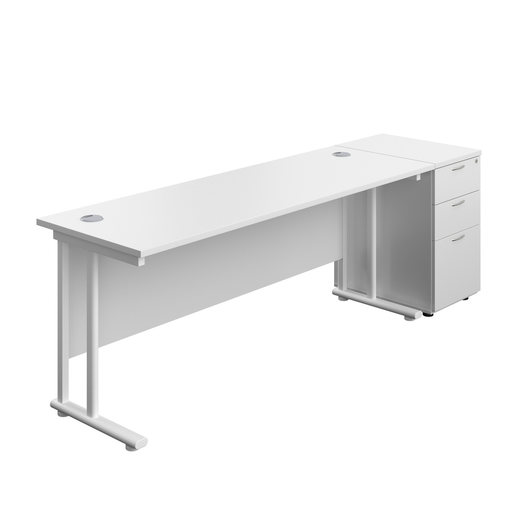 Twin Upright Rectangular Desk + Desk High 3 Drawer Pedestal (FSC) | 1800X600 | White/White | 