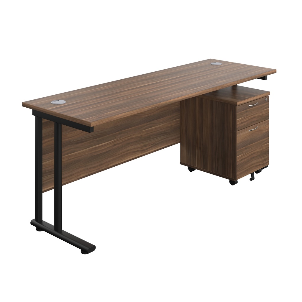 Twin Upright Rectangular Desk + Mobile 2 Drawer Pedestal (FSC) | 1800X600 | Dark Walnut/Black | 